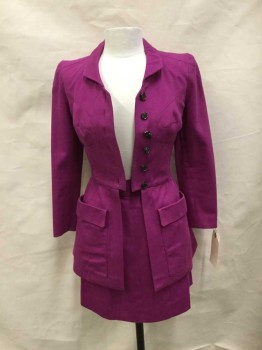 Womens, 1990s Vintage, Suit, Jacket, LAGERFELD, Magenta Pink, Cotton, Solid, 8, Collar Attached,  6 Buttons Single Breasted, 2 Patch Pockets   With Flaps,cotton Gabardine, Unusual Buttons With Dangling Centers