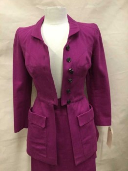 Womens, 1990s Vintage, Suit, Jacket, LAGERFELD, Magenta Pink, Cotton, Solid, 8, Collar Attached,  6 Buttons Single Breasted, 2 Patch Pockets   With Flaps,cotton Gabardine, Unusual Buttons With Dangling Centers