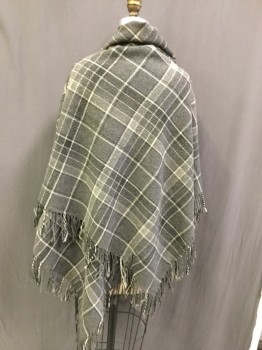 Womens, Shawl 1890s-1910s, N/L, Gray, Charcoal Gray, White, Black, Wool, Plaid, 56", Large Square, Self Fringe, One Unrepaired Snag on Edge,