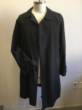 Mens, Coat, Trenchcoat, N/L, Black, Cotton, Synthetic, Solid, 44, Hidden Button Front, Collar Attached, 2 Pockets, Tabs on Sleeves at Cuffs Slit Center Back,