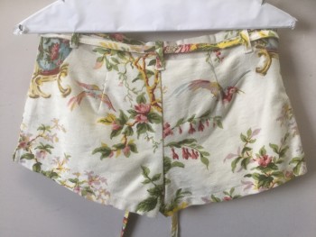 COREY LYNN CALTER, Cream, Pink, Avocado Green, Yellow, Cranberry Red, Cotton, Floral, Cream with Muted Floral Pattern, Canvas, Mid Rise, Zip Fly, 2" Inseam, **With Matching Belt - 1/2" Wide Self Fabric Tie