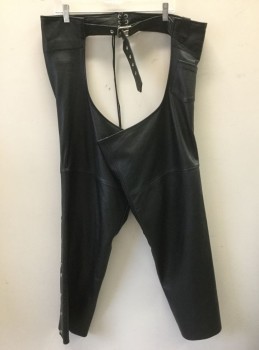 Mens, Chaps, WILSONS LEATHER, Black, Leather, Solid, L, Silver Zippers at Inner Thighs, Silver Buckle at Waist, 1 Patch Pocket at Hip