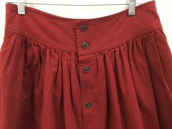 INES DE LA FRESSANCE, Dk Red, Cotton, Polyester, Solid, Gathered Dark Red with 2.5" Chevron Waistband, Button Front, 2 Side Pockets