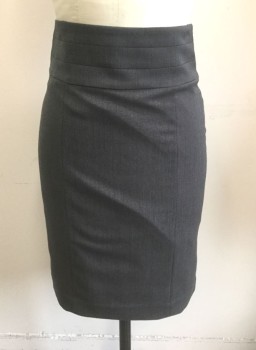 H&M, Dk Gray, Charcoal Gray, Polyester, Viscose, Birds Eye Weave, Dark Gray/Charcoal Dotted Weave, Pencil Skirt, 3" Wide Waistband with 3 1" Wide Horizontal Panels, Lapped Zipper at Center Back Waist, Slit at Center Back Hem