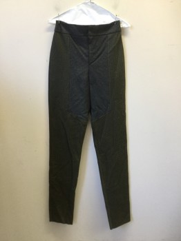 MTO, Black, Dk Olive Grn, Silver, Synthetic, Color Blocking, Novelty Pattern, Novelty Textured, Black Center Front Into Back Center Leg Panel, Black Waistband, Dark Olive Rest of Pant, Zip Fly with Hook & Eyes Closure, Knee Seam, Raw Hem