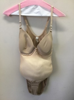 Womens, Pregnancy Belly/Pad, MTO, Lt Beige, Polyester, Solid, B Cup, Adjustable Strap Underwire Bra Attached, Hook & Eyes at Crotch, About 3 Months