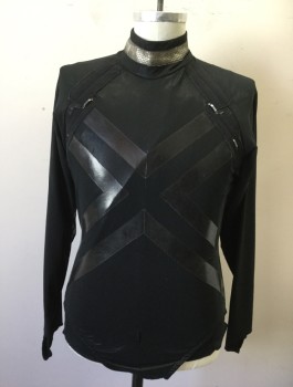 Mens, Sci-Fi/Fantasy Piece 2, MTO, Black, Silver, Polyester, Spandex, Color Blocking, Reptile/Snakeskin, 40, Long Sleeve Bodysuit with Finger Stirrups, Stand Collar, Back Zipper, Power Mesh Over Spandex with Shiny Geometric Design on Front, Snap Crotch, Cotton Fitted Vest Back Zipper Understructure, Hook & Eyes for Attaching to Matching Shrug, Multiple