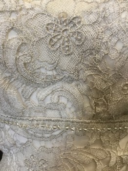 Womens, Wedding Gown, NL, Antique White, Silver, Beige, Silk, Polyester, Solid, 2, Silk Lining W/silver Metallic Lace Overlay, Lace Scalloped Neck, Sleeveless, Empire Waist W/clear Beading, Small Train