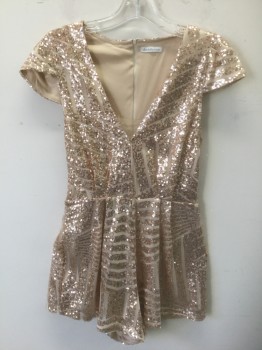 CHARLOTTE RUSSE, Rose Gold Metallic, Beige, Polyester, Sequins, Geometric, Beige Net Covered in Geometric Patterned Rose Gold Tiny Sequins, Cap Sleeves, V-neck with Beige Mesh Modesty Panel Added, Pleated at Waist, 3" Inseam, Has Multiples