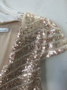 CHARLOTTE RUSSE, Rose Gold Metallic, Beige, Polyester, Sequins, Geometric, Beige Net Covered in Geometric Patterned Rose Gold Tiny Sequins, Cap Sleeves, V-neck with Beige Mesh Modesty Panel Added, Pleated at Waist, 3" Inseam, Has Multiples