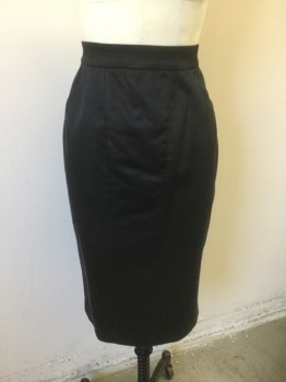 D&G, Black, Cotton, Viscose, Solid, Sateen, 1" Wide Waistband, Pencil Skirt, Silver Zipper Down Center Back, Curved Hip Seams