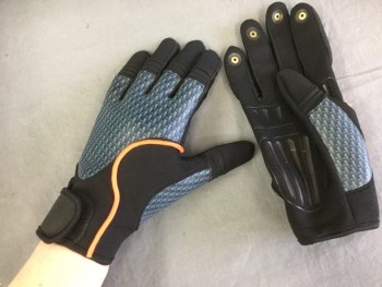 Unisex, Sci-Fi/Fantasy Gloves, MTO, Black, Blue, Neon Orange, Neoprene, Plastic, Geometric, Solid, Small, Made To Order, Womens, Velcro, Metal on Finger Tips, Orange Piping,