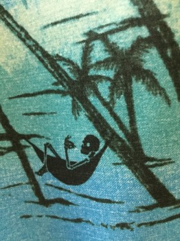 Rvca, Mint Green, Aqua Blue, Blue, Black, Orange, Polyester, Elastane, Print, Multi Colored Blues with Black Print Of Skeletons Relaxing in Hammocks Amongst Palm trees.
