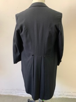 Mens, Tailcoat 1890s-1910s, FOX339, Black, Wool, 42R, Satin Peaked Lapel, Double Breasted, 6 Buttons, Fabric Covered Buttons, Open Front