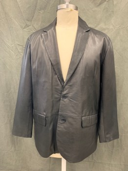 LUCIANO NATAZZI, Black, Leather, Solid, Single Breasted, C.A., Notched Lapel, , 2 Pckts, L/S