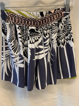 TOPSHOP, Dk Gray, White, Black, Chartreuse Green, Lt Pink, Polyester, Floral, Stripes, Elastic Waistband at Back, Side Pockets, Zip Front