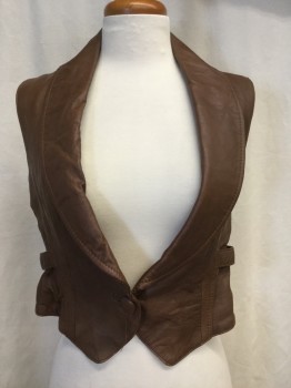 Womens, Leather Vest, MNG, Brown, Leather, Solid, B34, XS, Shawl Collar, 1 Button, Princess Seams, Button Back Waistband, Lined