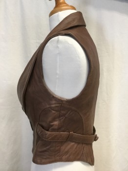 Womens, Leather Vest, MNG, Brown, Leather, Solid, B34, XS, Shawl Collar, 1 Button, Princess Seams, Button Back Waistband, Lined
