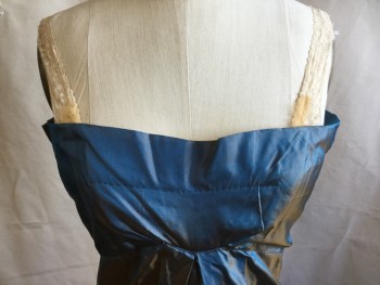 Womens, Piece 2, 1890s-1910s, MTO, Iridescent Blue, Silk, Solid, W:26, B:34, H:35, Long Dress (underneath):  Square Neck, Peeping Cream Lace Straps, High Waisted with Hidden Fan Pleat Front Center & 3 Large Horizontal Pleat Front Skirt, Low V-back with Reversed Kick Pleat Drape with Long Train,