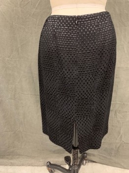ELLEN TRACY, Black, Rayon, Wool, Solid, Grid Dotted Woven Stripes, Back Zip, Center Back Slit