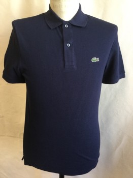 LACOSTE, Navy Blue, Cotton, Solid, Collar Attached, 2 Button Front, Short Sleeves,