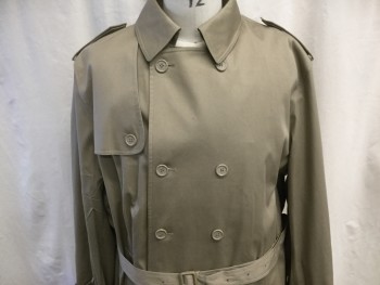 MILLENIUM COLLECTION, Khaki Brown, Cotton, Polyester, Solid, Double Breasted, Spread Collar, 2 Side Entry Pockets, Long Sleeves, Shoulder Epaulets, Front Right Shoulder Flap, Back Gun Flap, Back Vent, Belted Cuffs, Belted Waist, Below the Knee Length, Removable Liner