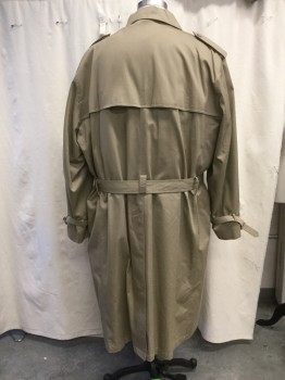 MILLENIUM COLLECTION, Khaki Brown, Cotton, Polyester, Solid, Double Breasted, Spread Collar, 2 Side Entry Pockets, Long Sleeves, Shoulder Epaulets, Front Right Shoulder Flap, Back Gun Flap, Back Vent, Belted Cuffs, Belted Waist, Below the Knee Length, Removable Liner