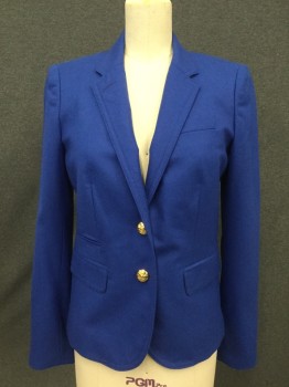 J CREW, Royal Blue, Wool, Solid, Single Breasted, 2 Gold Buttons, Collar Attached, Notched Lapel, 3 Pockets, Long Sleeves, Double Stitched Collar/Lapel Detail