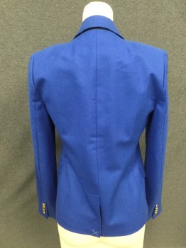 J CREW, Royal Blue, Wool, Solid, Single Breasted, 2 Gold Buttons, Collar Attached, Notched Lapel, 3 Pockets, Long Sleeves, Double Stitched Collar/Lapel Detail