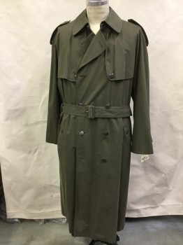 TOWNE, Olive Green, Cotton, Solid, Double Breasted, Raglan Sleeves, Detached Front and Back Yoke, Epaulets, Belt Loops, Matching Buckle Belt, 2 Pockets, Button Tab Cuffs, Kick Pleat Center Back,  ZIP OUT LINING