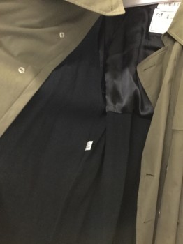 TOWNE, Olive Green, Cotton, Solid, Double Breasted, Raglan Sleeves, Detached Front and Back Yoke, Epaulets, Belt Loops, Matching Buckle Belt, 2 Pockets, Button Tab Cuffs, Kick Pleat Center Back,  ZIP OUT LINING