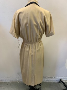 Womens, Dress, DANNY & NICOLE, Tan Brown, Black, Rayon, Polyester, Solid, B 36, 6, W 25, Tan with Black Trim, Short Sleeves, Shawl Collar, 3 Faux Pockets, 4 Buttons, Wrap,