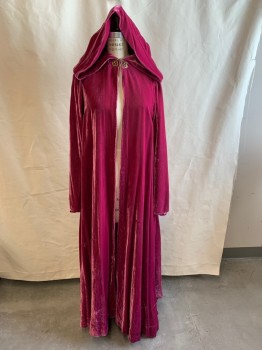 Unisex, Historical Fiction Robe , N/L, Magenta Purple, Polyester, Solid, O/S, Velvet, Copper Metal Detail at Neck, Hook & Eye Clasp Closure at Neck, Long Bell Sleeves, Hood Attached *Missing Center Piece*