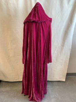 Unisex, Historical Fiction Robe , N/L, Magenta Purple, Polyester, Solid, O/S, Velvet, Copper Metal Detail at Neck, Hook & Eye Clasp Closure at Neck, Long Bell Sleeves, Hood Attached *Missing Center Piece*