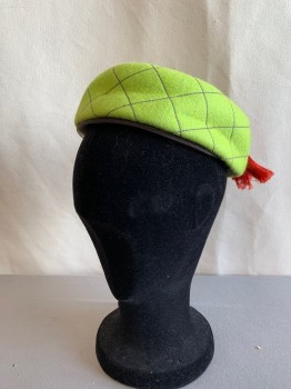 Womens, Hat, MARC VALERIO DESIGNS, Chartreuse Green, Purple, Red, Wool, Solid, Diamonds, Pill Box, Diamond Pattern Quilting, Red Tassel on Back