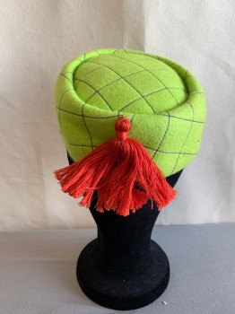 Womens, Hat, MARC VALERIO DESIGNS, Chartreuse Green, Purple, Red, Wool, Solid, Diamonds, Pill Box, Diamond Pattern Quilting, Red Tassel on Back