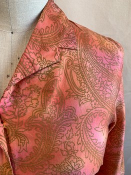 Womens, Shirt, K6, Pink, Mauve Pink, Gold, Cotton, Tie-dye, Paisley/Swirls, B 38, Gold Paisley Pattern Over Pink/Mauve Tie Dye, Button Front, Notched Collar Attached, 3/4 Sleeve