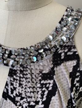 INC, Gray, Black, Polyester, Spandex, Abstract , Reptile/Snakeskin, Stretchy Material, Sleeveless, Silver Rhinestones and Sequins at Round Neck,  Peekaboo Opening at Center Front Neck with Wrapped Surplice Detail Across Front