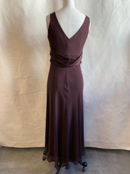 Womens, Cocktail Dress, JONES NY, Cordovan Red, Silk, Solid, 4, Crepe Chiffon, Surplice Pleated Top, Gathered at Satin Shoulder Strap Panels, Faux Wrap Skirt, Side Zip, Satin Double Twisted Attached Belt, Satin Belt Hanging Front