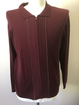 Mens, Cardigan Sweater, AFTER DARK, Red Burgundy, Lt Gray, Cotton, Solid, Stripes - Vertical , L, Solid Burgundy, with Light Gray Dashed Vertical Lines and Self Ribbed Stripes on Either Side of Button Placket, Long Sleeves, Collar Attached