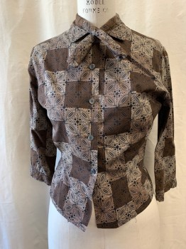 Womens, Blouse, NO LABEL, Dk Brown, Lt Brown, Black, Cotton, Abstract , Color Blocking, B: 36, Collar Attached, Neck Tie Attached, Button Front, Long Sleeves