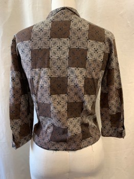 NO LABEL, Dk Brown, Lt Brown, Black, Cotton, Abstract , Color Blocking, Collar Attached, Neck Tie Attached, Button Front, Long Sleeves