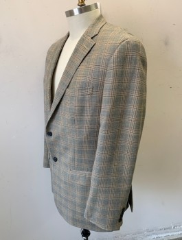 TASSO ELBA, Beige, Black, Navy Blue, Wool, Plaid-  Windowpane, Single Breasted, Notched Lapel, 2 Buttons, 3 Pockets, Solid Beige Lining