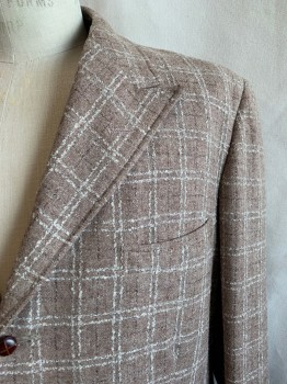 Mens, Blazer/Sport Co, DAVID'S , Tan Brown, Multi-color, Wool, Plaid, 40R, Single Breasted, 3 Buttons, Peaked Lapel, 3 Pockets, Western Yoke, 2 Button Cuffs *3 Buttons Missing on Cuffs*
