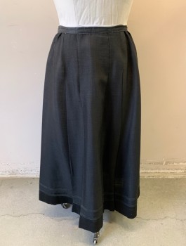 Womens, Skirt 1890s-1910s, N/L, Black, Linen, Solid, W:36, 1" Wide Cotton Waistband, 4 Large Pleats at Front, 2 Black Ribbon Stripes Along Hem, Ankle Length, Hook & Eye Closures, **Wear & Tear/Mends Near Waistband