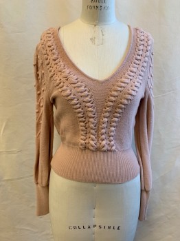 BCBG, Blush Pink, Cotton, Nylon, Solid, V-neck, Long Sleeves, Knit Balls on Sleeves, Flat Twist Crochet Down Neck