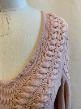 BCBG, Blush Pink, Cotton, Nylon, Solid, V-neck, Long Sleeves, Knit Balls on Sleeves, Flat Twist Crochet Down Neck