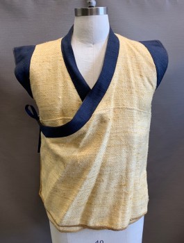Mens, Vest, N/L, Butter Yellow, Navy Blue, Solid, 40, Raw Silk, Textured/Homespun Fabric, Contrasting Surplice Neck and Caps at Arm Openings, Asian/Buddhist Monk Inspired