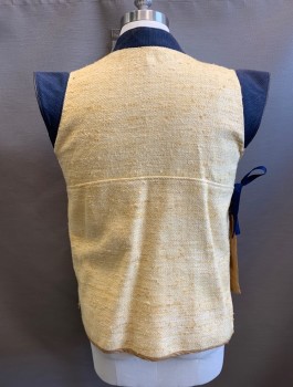 Mens, Vest, N/L, Butter Yellow, Navy Blue, Solid, 40, Raw Silk, Textured/Homespun Fabric, Contrasting Surplice Neck and Caps at Arm Openings, Asian/Buddhist Monk Inspired