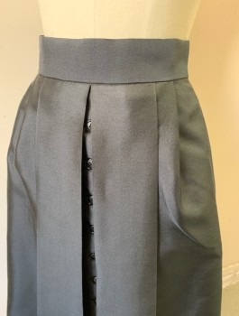 BILL HARGATE MTO, Black, Polyester, Solid, Skirt, Knee Length, Large Box Pleats with Black Buttons in Vertical Column Down Center Front, 2" Wide Self Waistband, Hook & Bar Closures at Back Waist, Open in Back, Made To Order, Retro